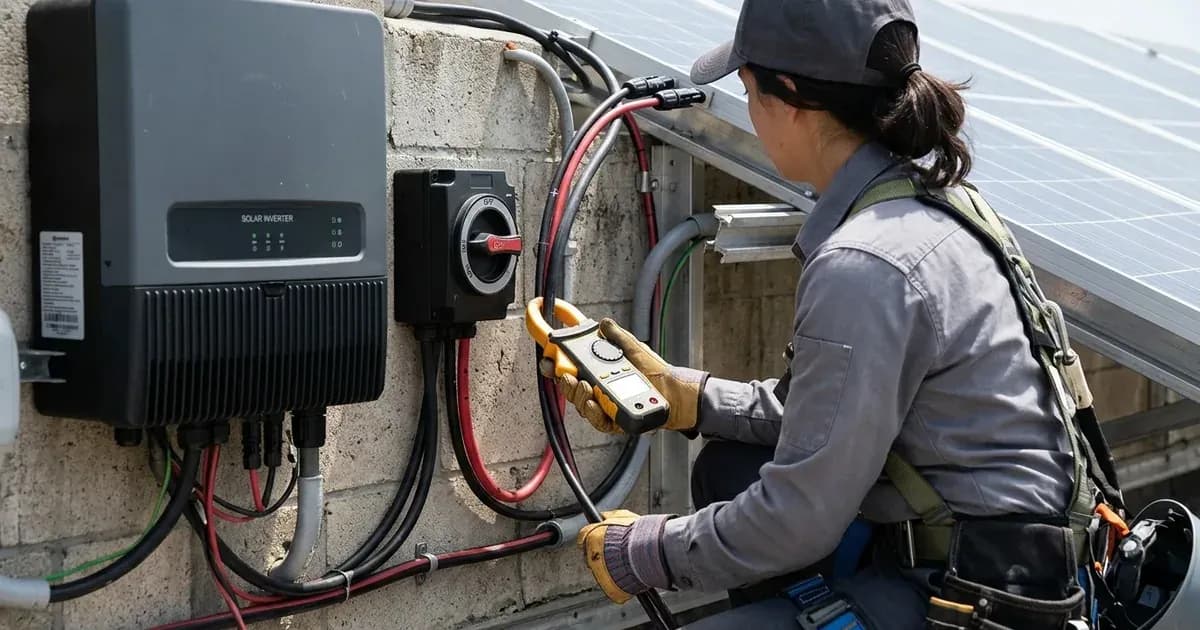 Technician using a digital clamp meter to test DC string current at a solar DC isolator switch. — SolarNevs spec card