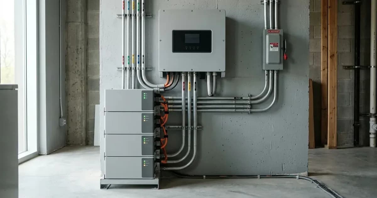 Three-phase hybrid solar inverter installed on a wall above a tall modular high-voltage battery stack. — SolarNevs spec card