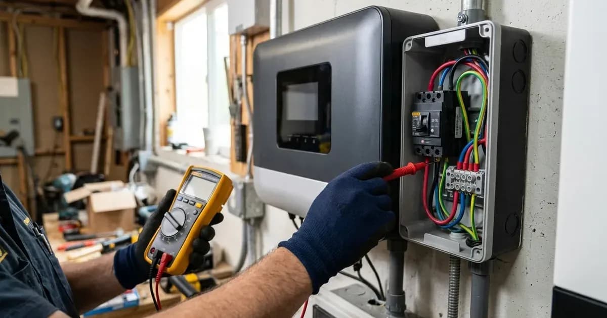 Electrician testing terminal block connections on a wall-mounted solar inverter with a multimeter. — SolarNevs spec card