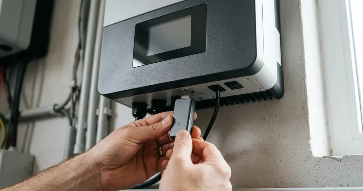 Wi-Fi data logging module being connected to the communication port at the bottom of a solar inverter. — SolarNevs spec card