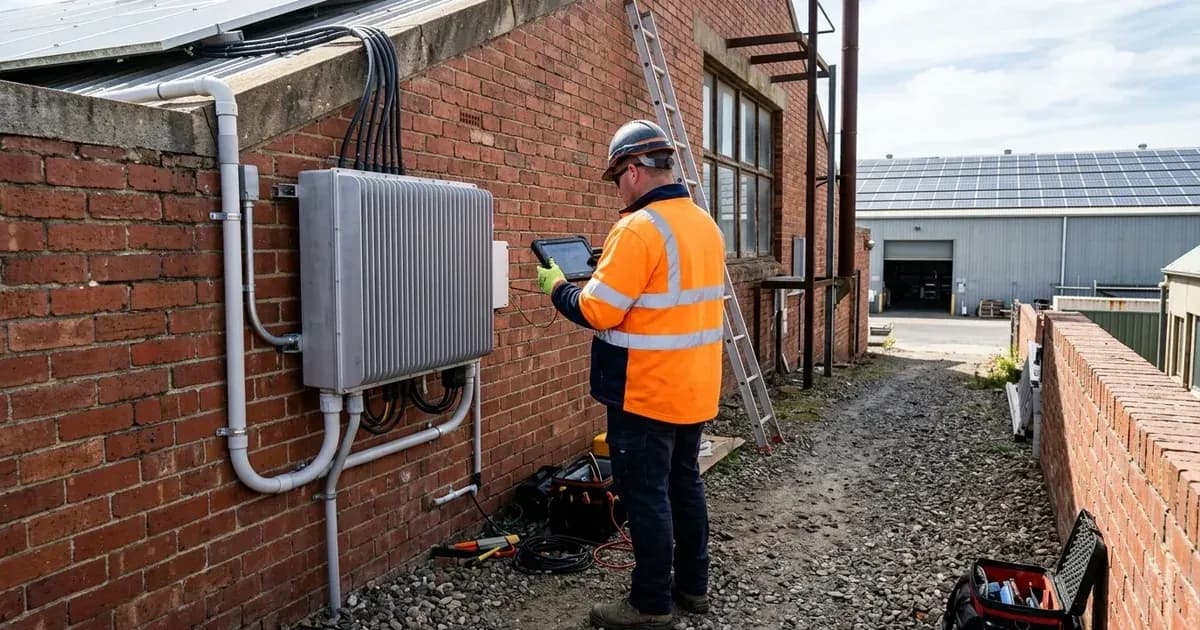 Commercial solar string inverter mounted outdoors with technician holding tablet for wireless commissioning. — SolarNevs spec card