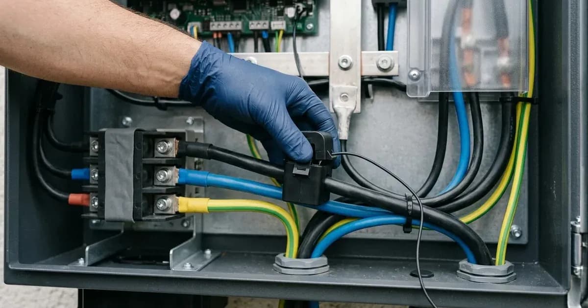 Current transformer CT clamp clipped around the main incoming cable inside a solar inverter wiring bay. — SolarNevs spec card