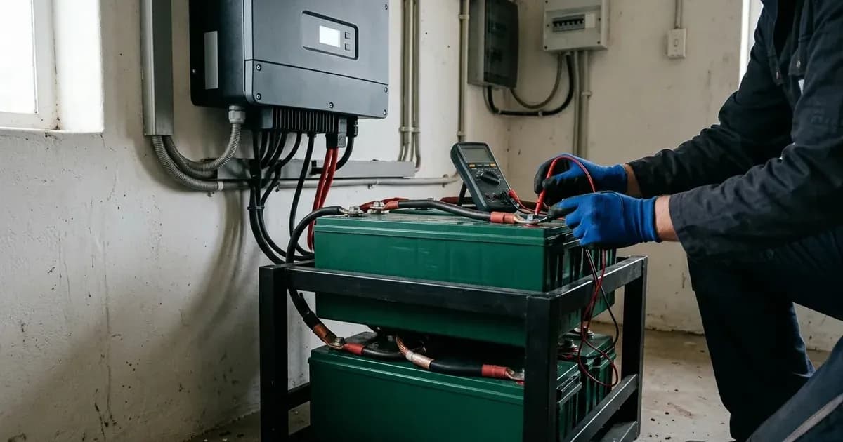 Technician testing terminal voltage on deep cycle tubular batteries connected to a solar inverter. — SolarNevs spec card