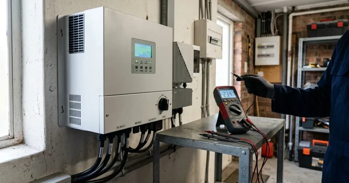 Solar hybrid inverter mounted on a utility wall with a digital multimeter on a diagnostic workbench. — SolarNevs spec card