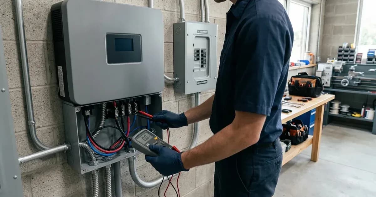 Technician using a digital multimeter to test output wiring terminals beneath a wall-mounted solar inverter. — SolarNevs spec card