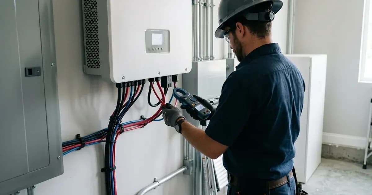 Technician measuring AC electrical current with a digital clamp meter beside a wall-mounted solar inverter. — SolarNevs spec card