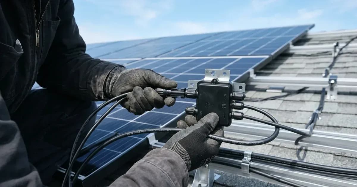 Solar installer connecting waterproof DC leads to an MLPE power optimizer on a rooftop array. — SolarNevs spec card