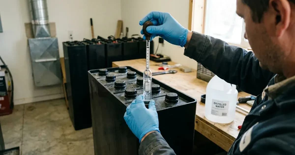 Technician testing electrolyte specific gravity with a hydrometer in a tubular deep-cycle solar battery. — SolarNevs spec card