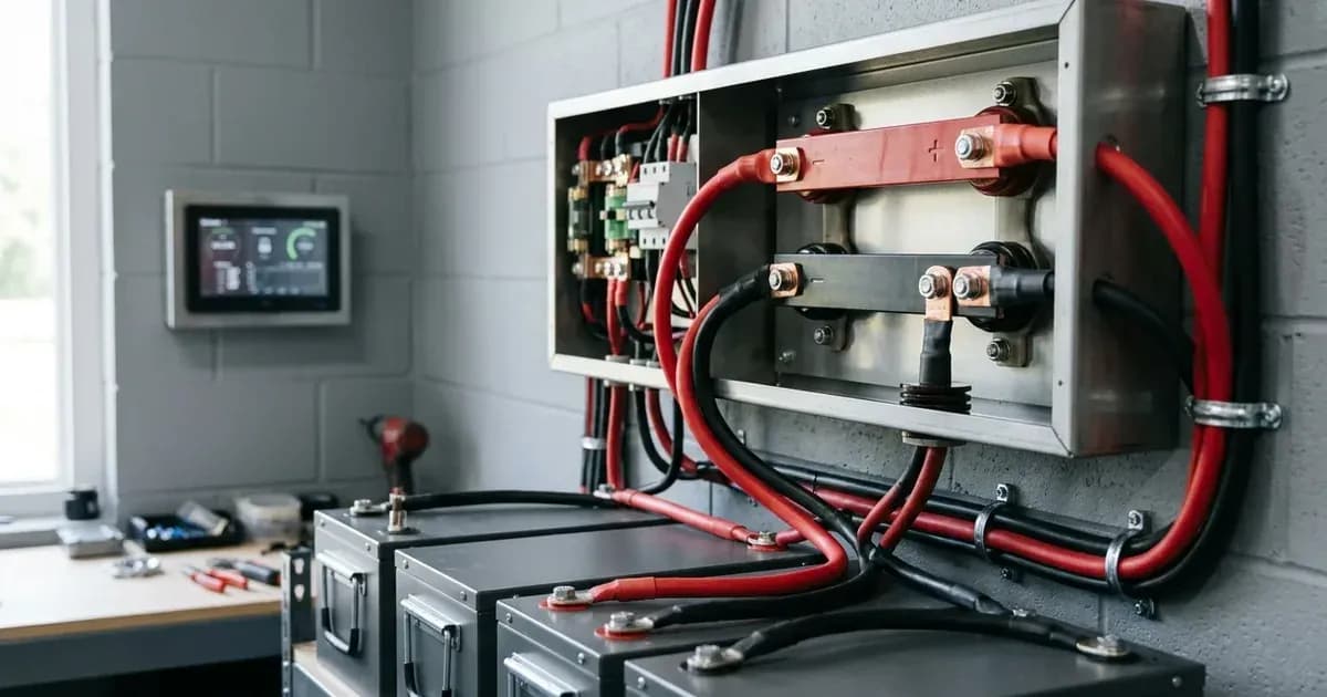 Modular DC busbar and battery management enclosure wired to a lithium battery bank with heavy power cables. — SolarNevs spec card
