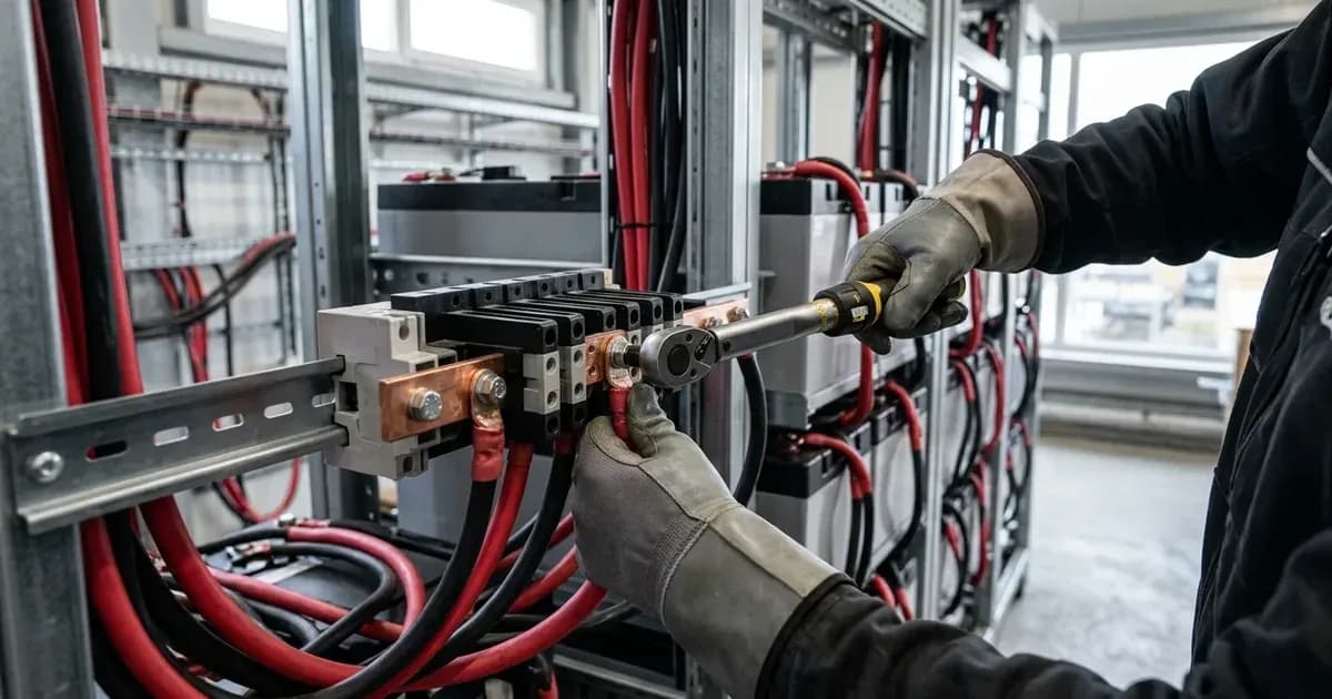 Electrician tightening heavy DC battery cable lugs onto a copper distribution busbar using a torque wrench. — SolarNevs spec card