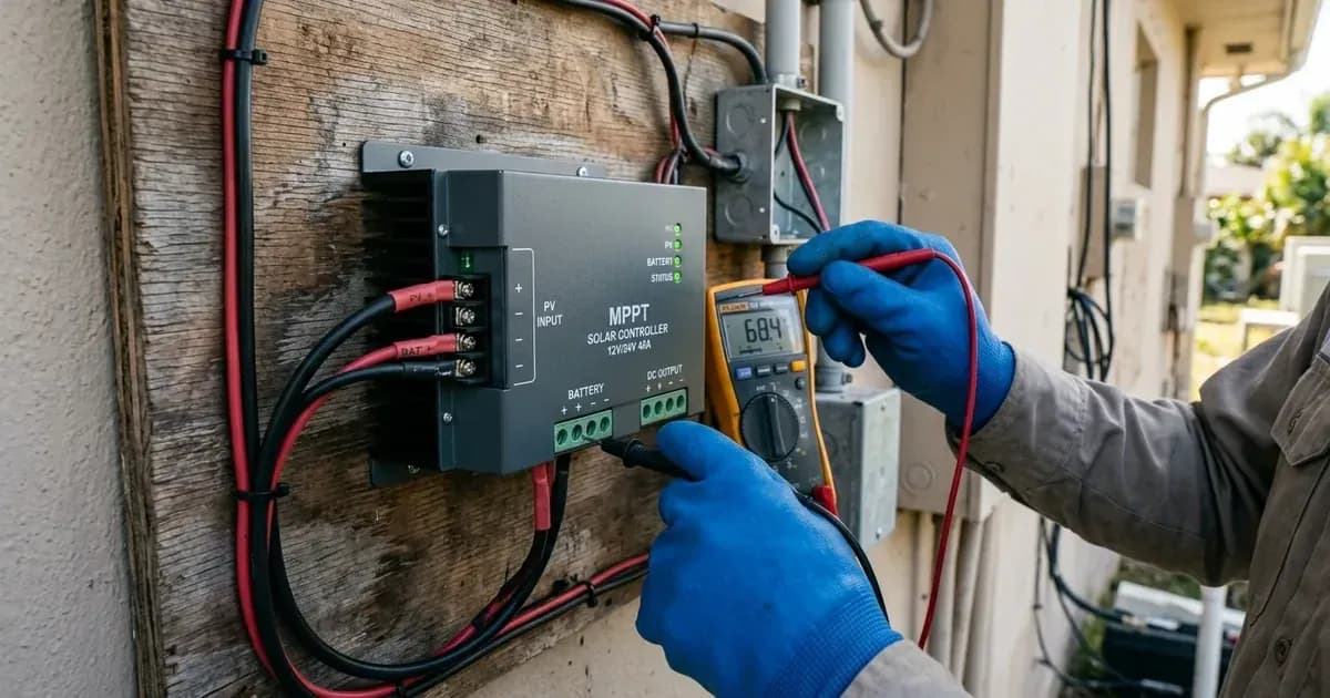Technician testing terminal voltage on a wall-mounted MPPT solar charge controller using a multimeter. — SolarNevs spec card