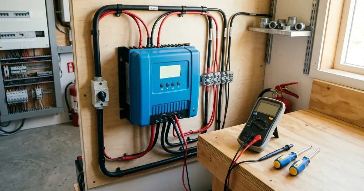 Solar MPPT charge controller mounted on a utility wall with diagnostic tools on a workbench. — SolarNevs spec card