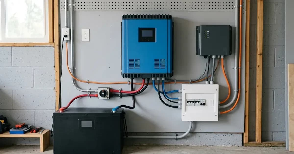Wall-mounted hybrid inverter and monitoring hub wired to AC distribution panel and battery system. — SolarNevs spec card