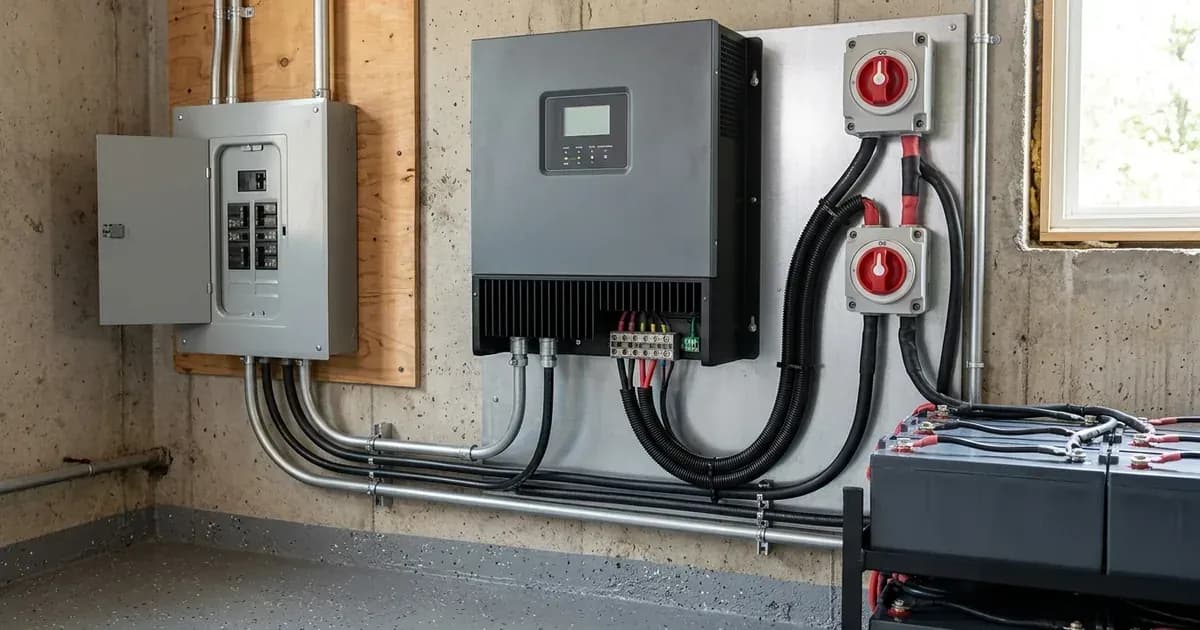 Heavy-duty solar inverter charger with AC breaker panel and DC disconnect switches in a power room. — SolarNevs spec card