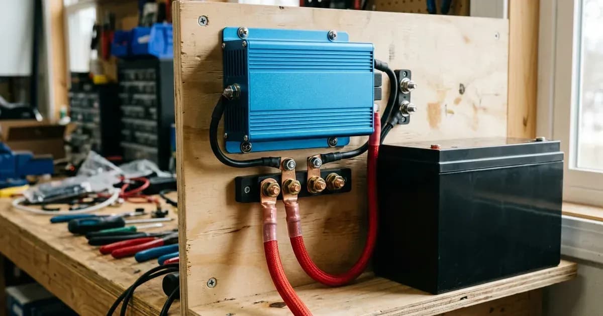 DC-DC auxiliary battery charger mounted on a board with heavy-gauge insulated wiring terminals. — SolarNevs spec card