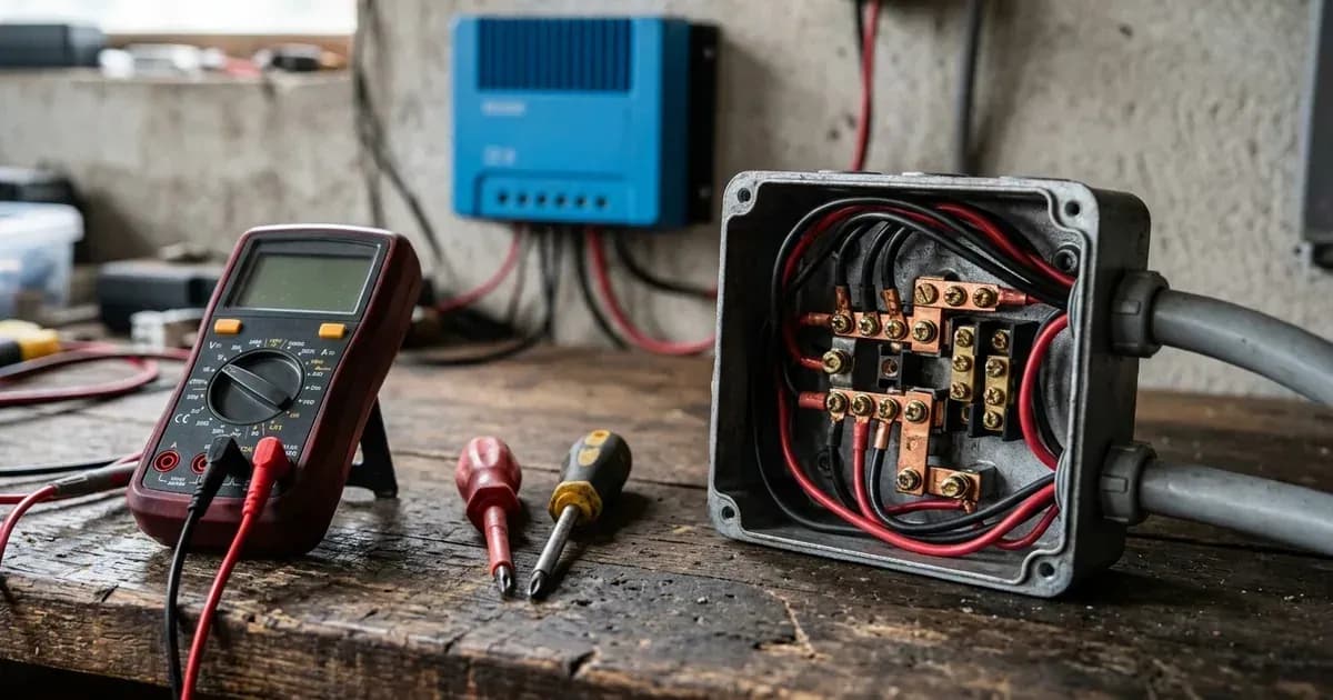 Multimeter and diagnostic tools next to an electrical junction box and charge controller. — SolarNevs spec card