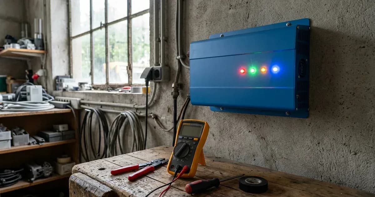 Inverter front panel with indicator lights and a multimeter on a tool tray in a utility room. — SolarNevs spec card