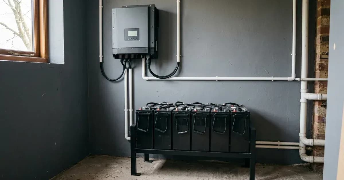 Hybrid solar inverter mounted on a wall above a tubular deep cycle battery bank on a metal rack. — SolarNevs spec card