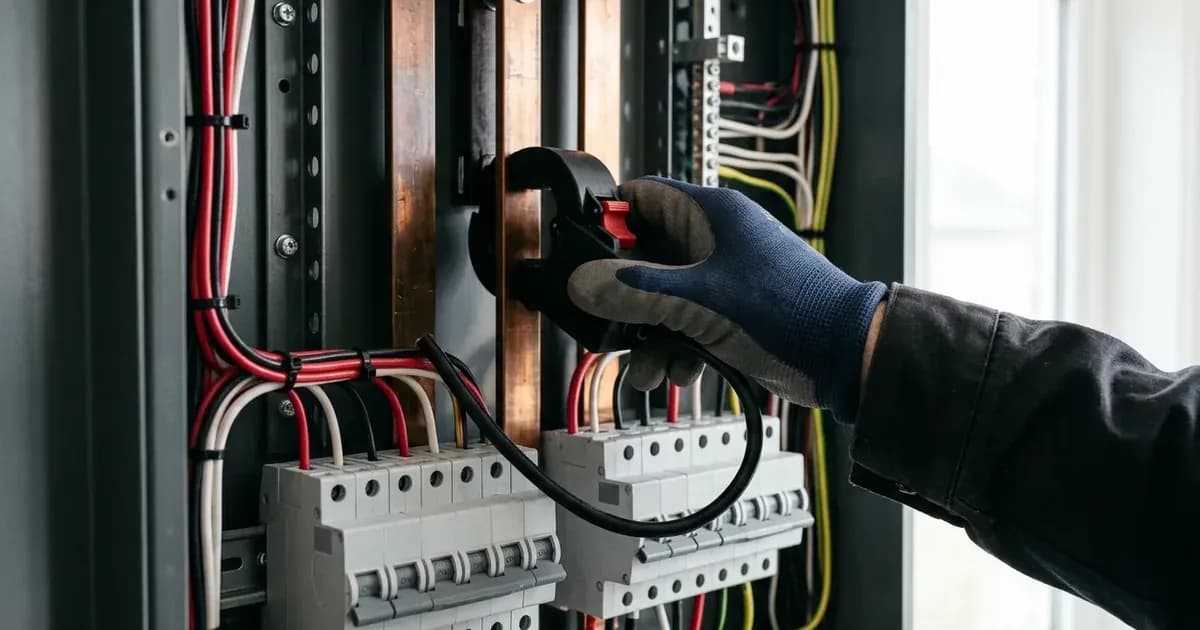 Electrician installing a CT clamp on a busbar inside a neat electrical panel — SolarNevs spec card