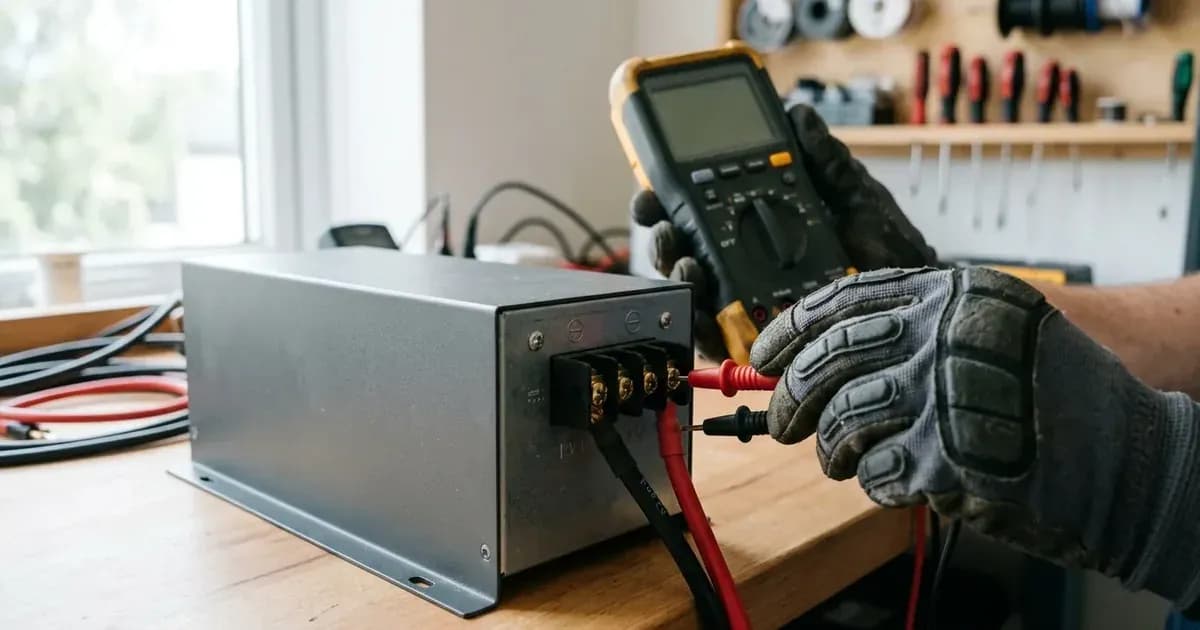 Gloved technician testing DC terminals with multimeter probes on a workbench — SolarNevs spec card