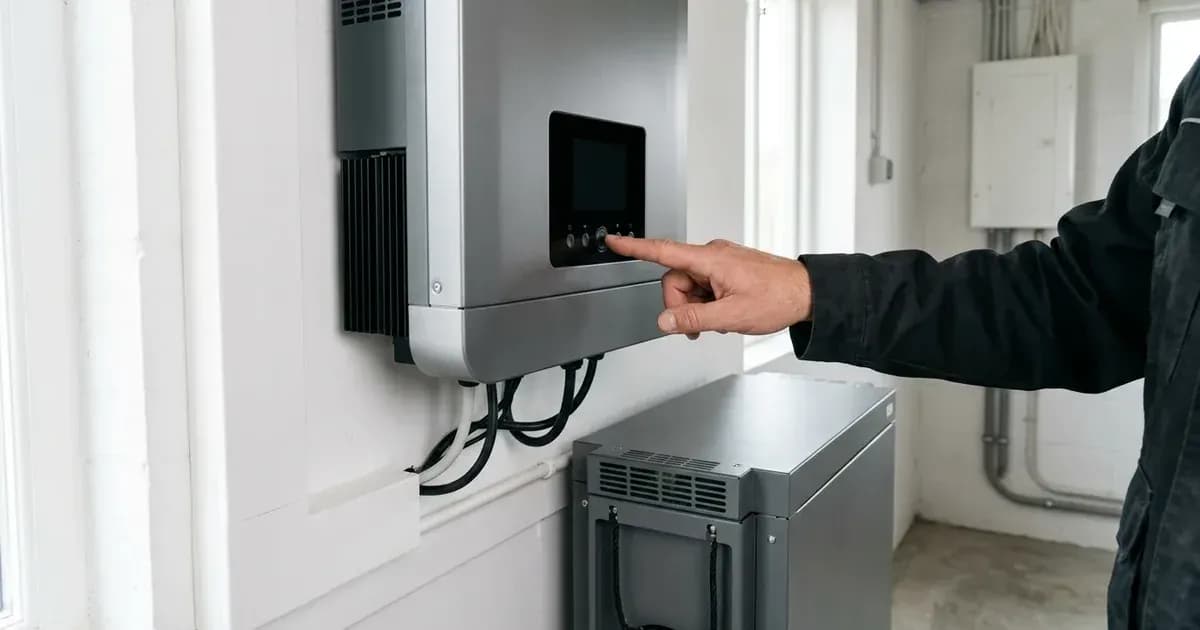 Technician pressing control buttons on a wall-mounted solar inverter beside a battery — SolarNevs spec card