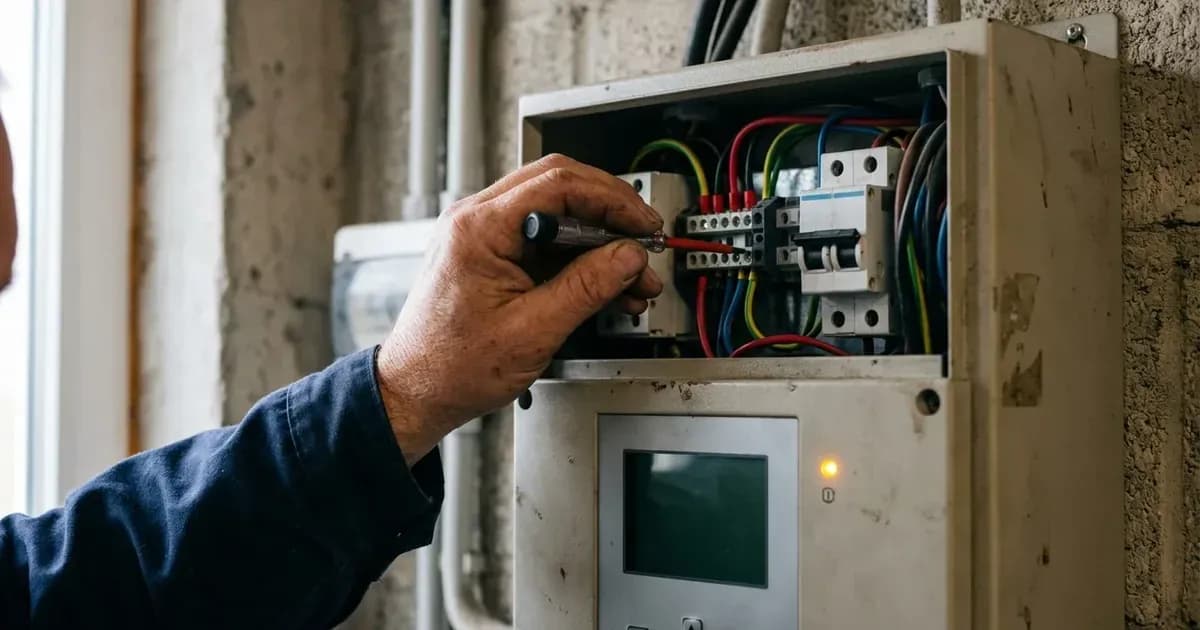 Electrician diagnosing inverter wiring terminals and status indicator light — SolarNevs spec card