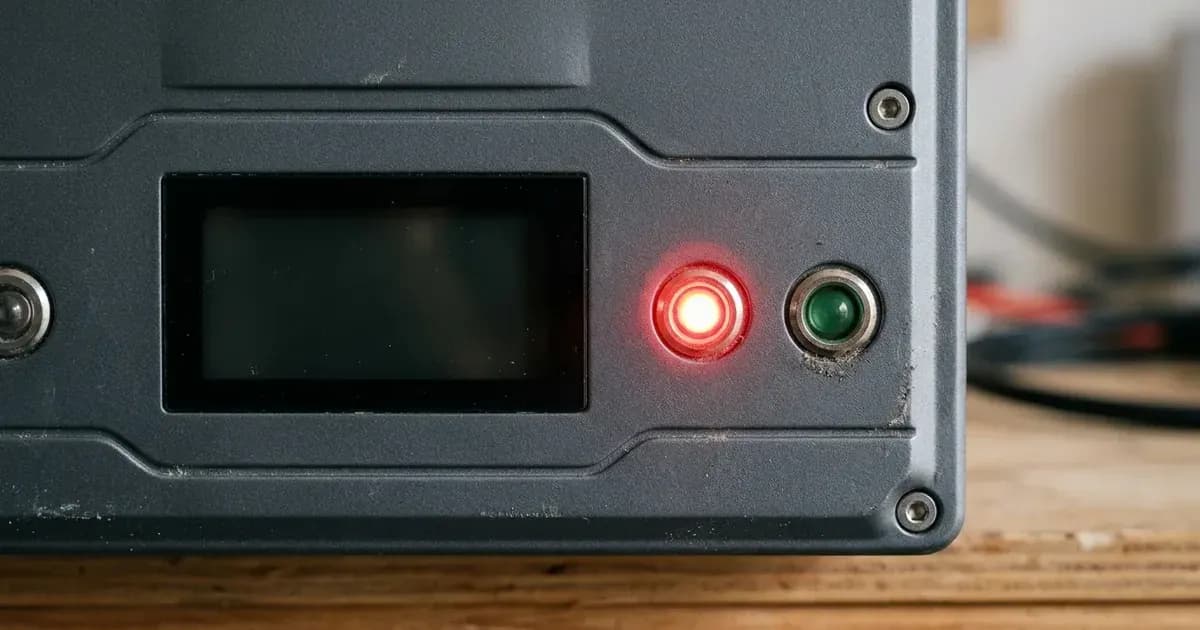 Close-up of an illuminated red fault indicator light on a solar inverter panel — SolarNevs spec card