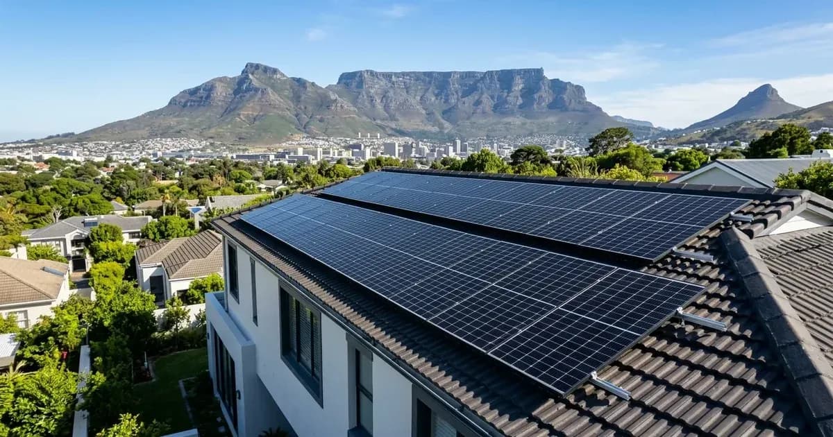 Rooftop solar installation on a Cape Town home with Table Mountain in the background — SolarNevs spec card