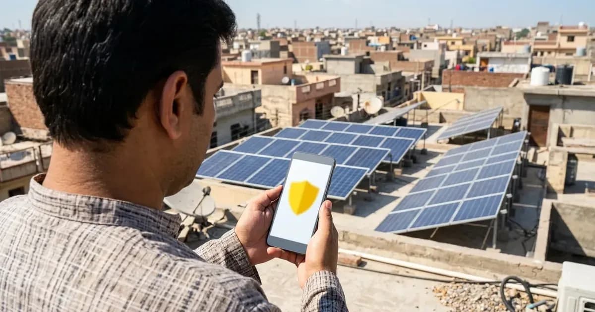 Person holding a phone with an alert icon on a rooftop with solar panels in Pakistan — SolarNevs spec card