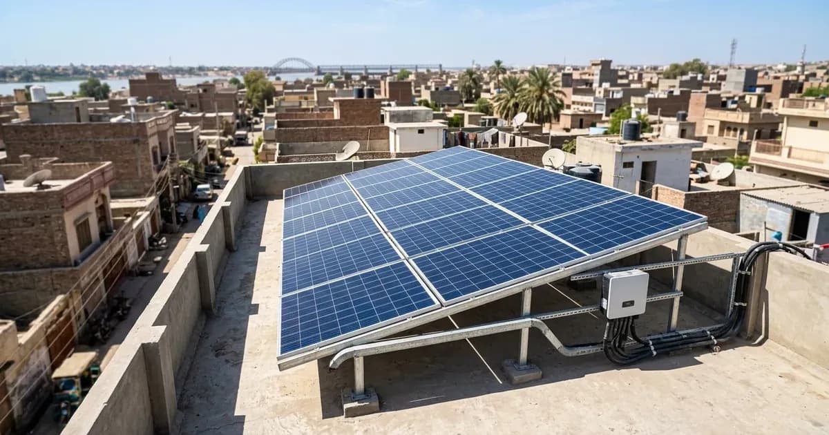 Rooftop solar panel installation on a residential building in Sukkur Pakistan under bright sunlight. — SolarNevs spec card