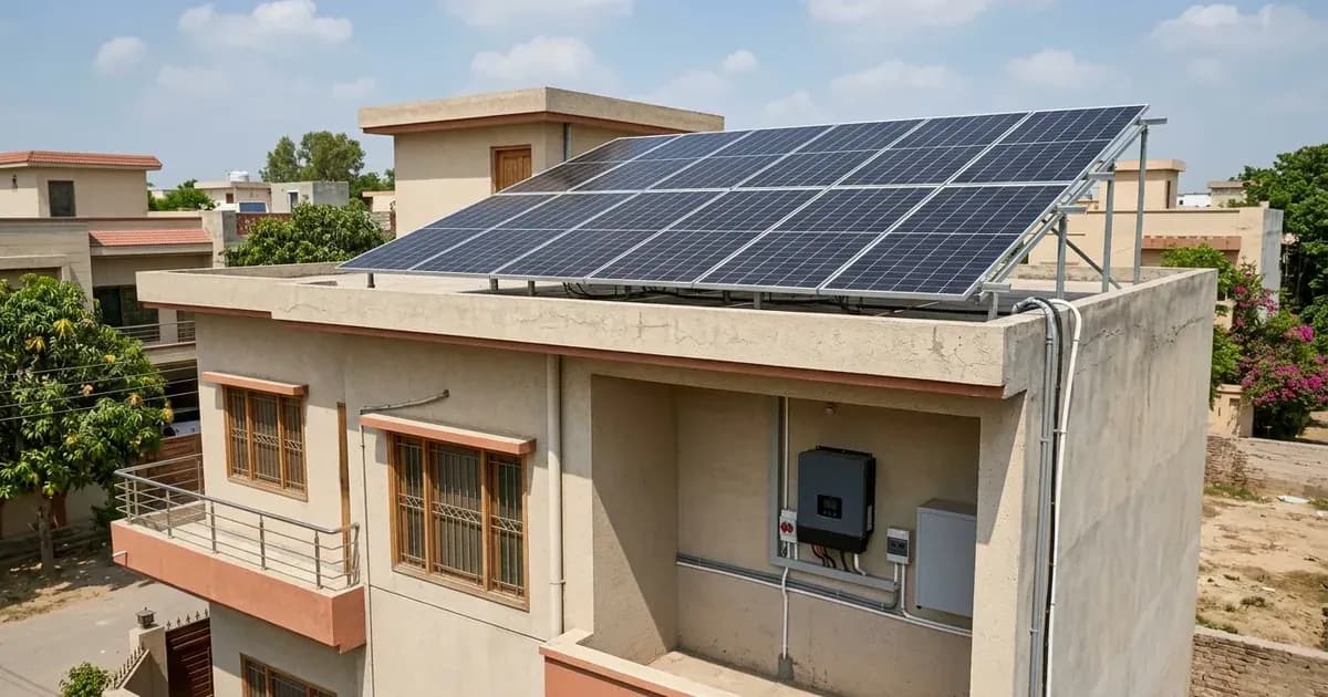 Residential rooftop solar panels with a wall-mounted hybrid inverter on a home in Pakistan. — SolarNevs spec card