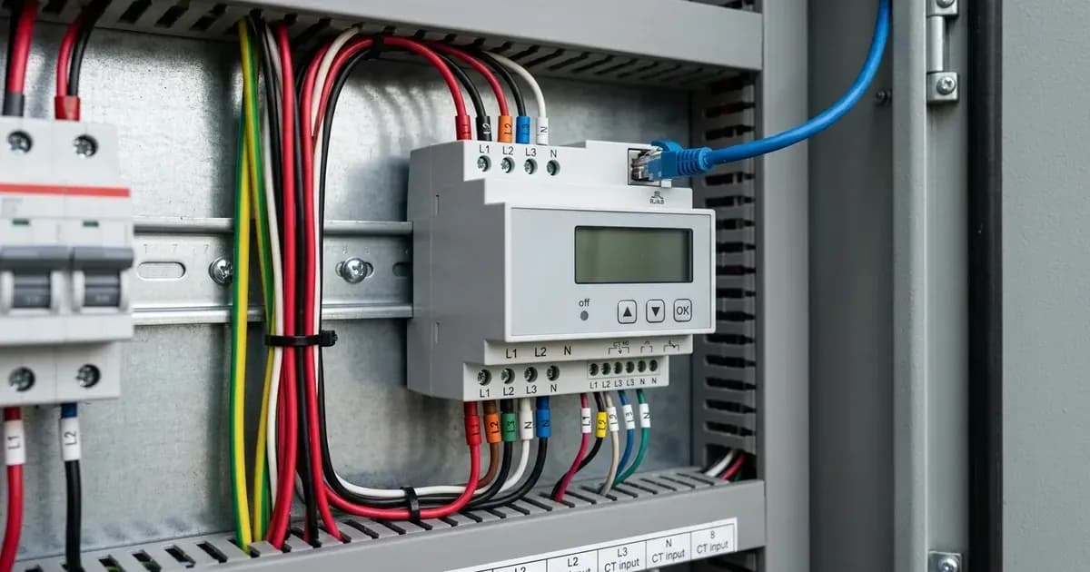 DIN-rail mounted energy smart meter connected to an Ethernet cable and sensor wiring inside an electrical panel. — SolarNevs spec card