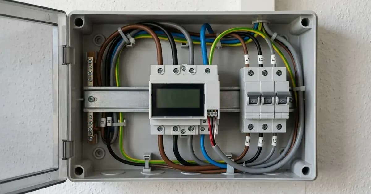 Three-phase smart energy meter and circuit breakers wired on a DIN rail inside a distribution box. — SolarNevs spec card