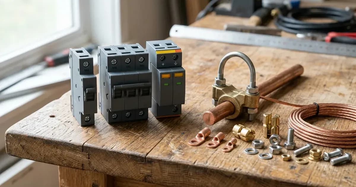 Solar electrical balance-of-system accessories including circuit breakers, SPD, and earthing clamps on a workbench. — SolarNevs spec card