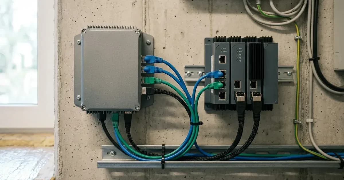 System communication gateway connected to a battery management controller with Ethernet and CAN-bus patch cables. — SolarNevs spec card