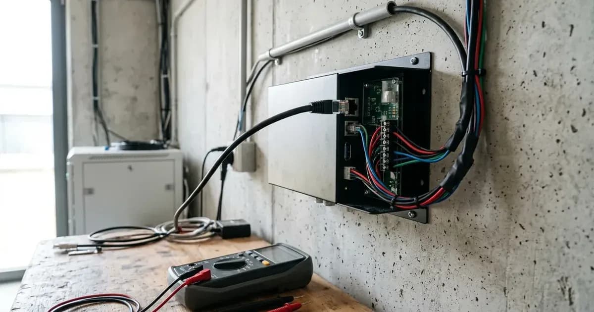 Wall-mounted communication gateway device connected to network cables above a multimeter on a workbench. — SolarNevs spec card