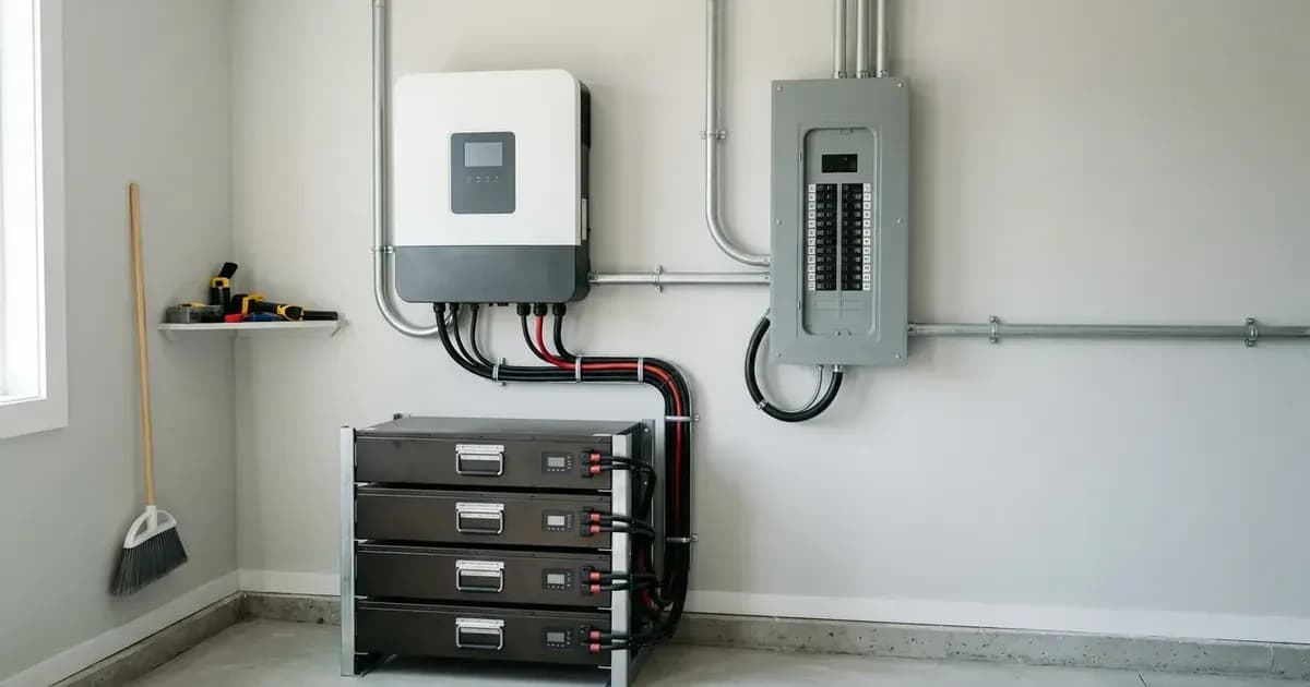 Residential hybrid solar inverter wired to a modular lithium battery bank and electrical panel in a garage. — SolarNevs spec card
