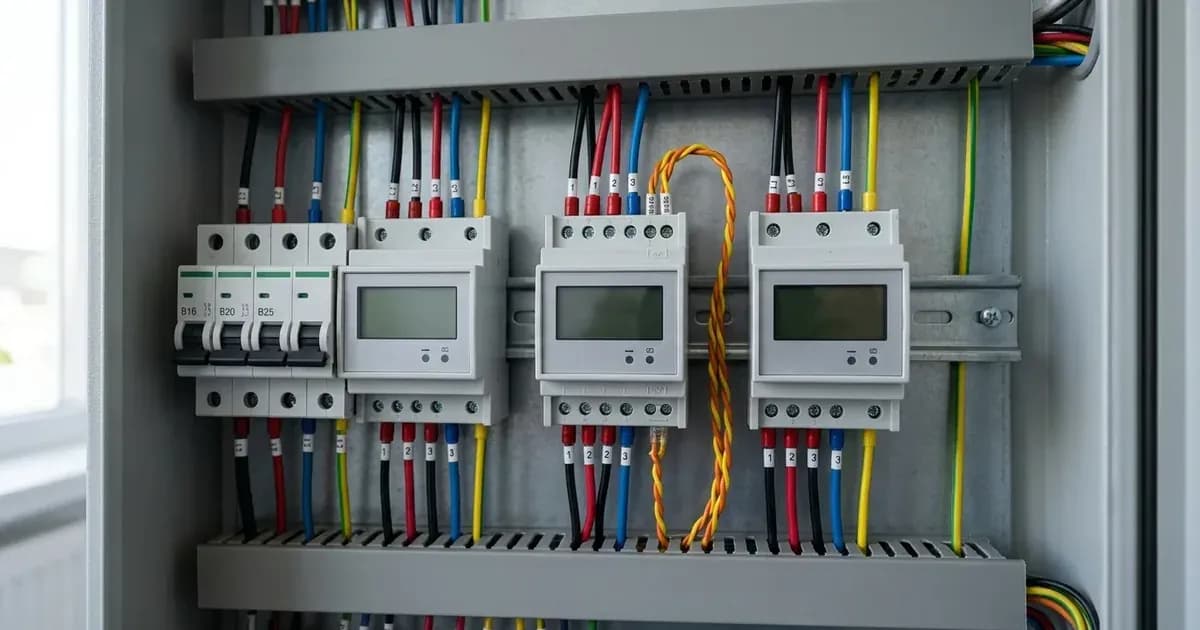 DIN-rail mounted digital energy meters and RS485 wiring inside an electrical distribution panel. — SolarNevs spec card