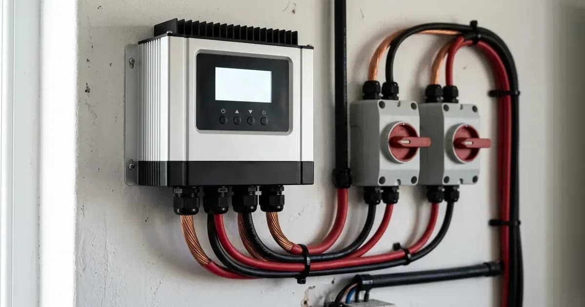Wall-mounted solar MPPT charge controller connected to DC isolator switches and solar input cables. — SolarNevs spec card