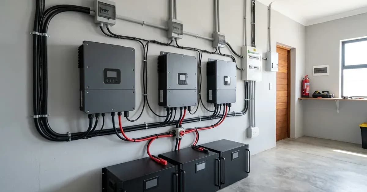 Three wall-mounted hybrid solar inverters installed side-by-side in parallel with communication wiring. — SolarNevs spec card