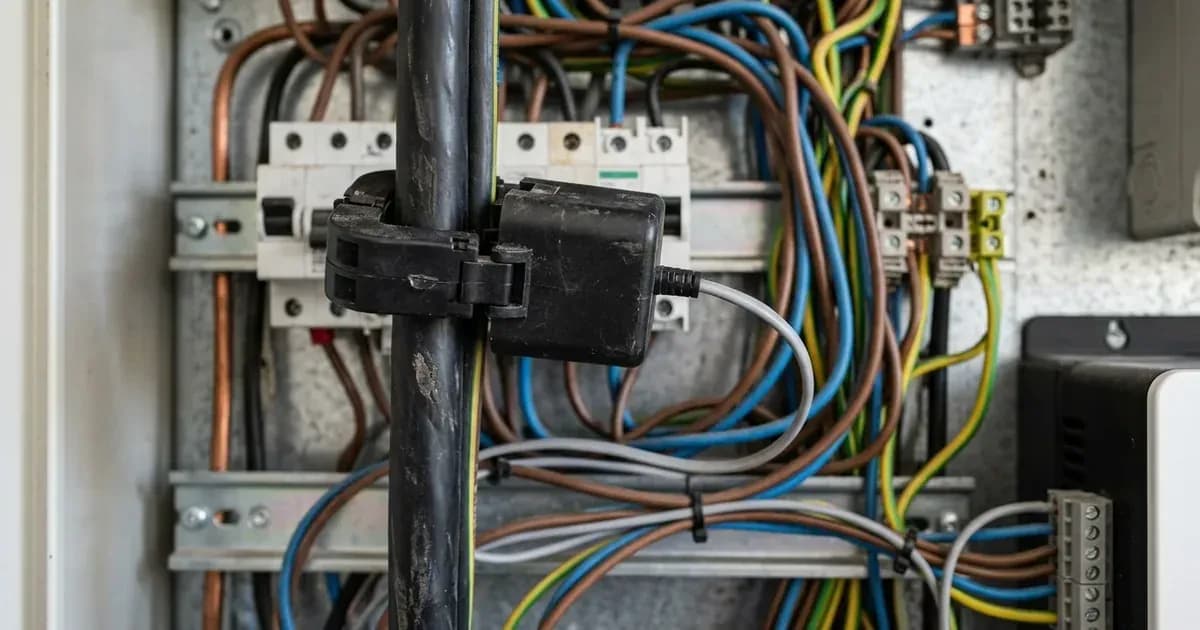 Current transformer CT clamp sensor installed around a main incoming power line in an electrical panel. — SolarNevs spec card