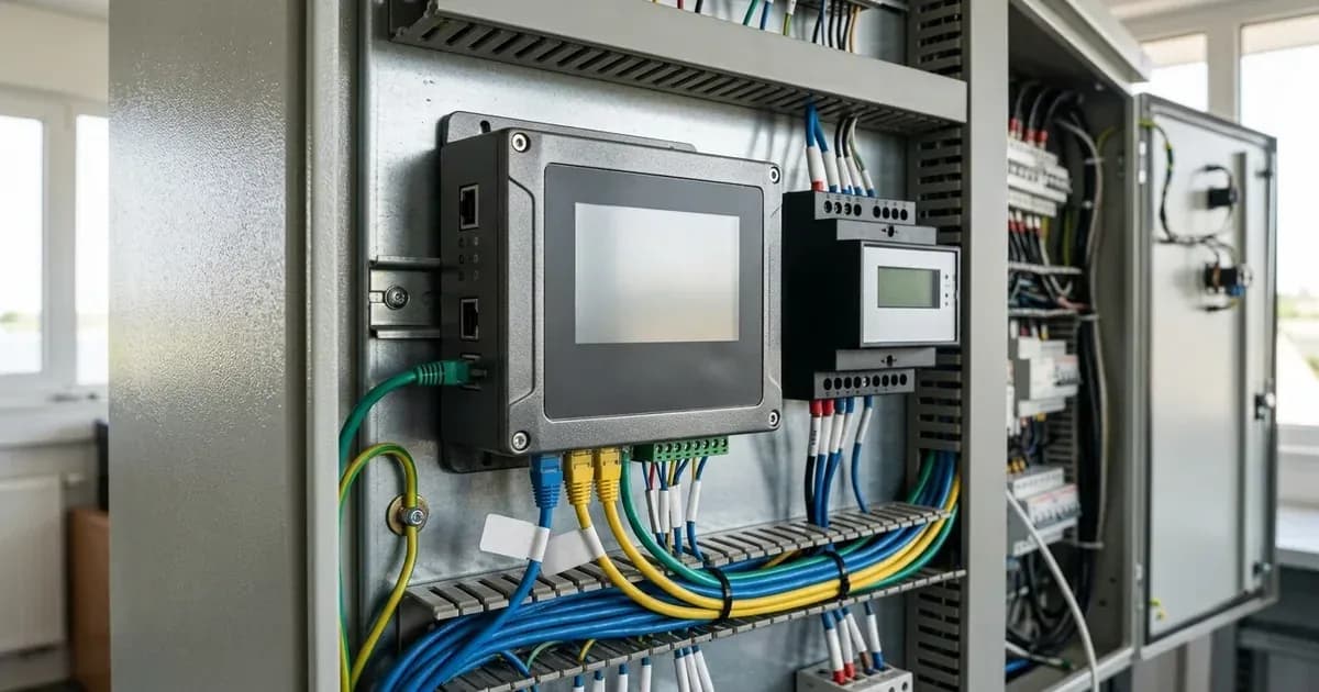 Industrial solar datalogger hub and energy meter wired inside a control panel with RS485 communication cables. — SolarNevs spec card