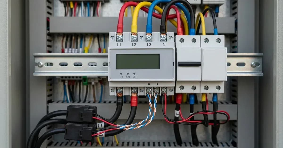 DIN-rail smart energy meter with RS485 communication wiring and current sensors in a main distribution board. — SolarNevs spec card