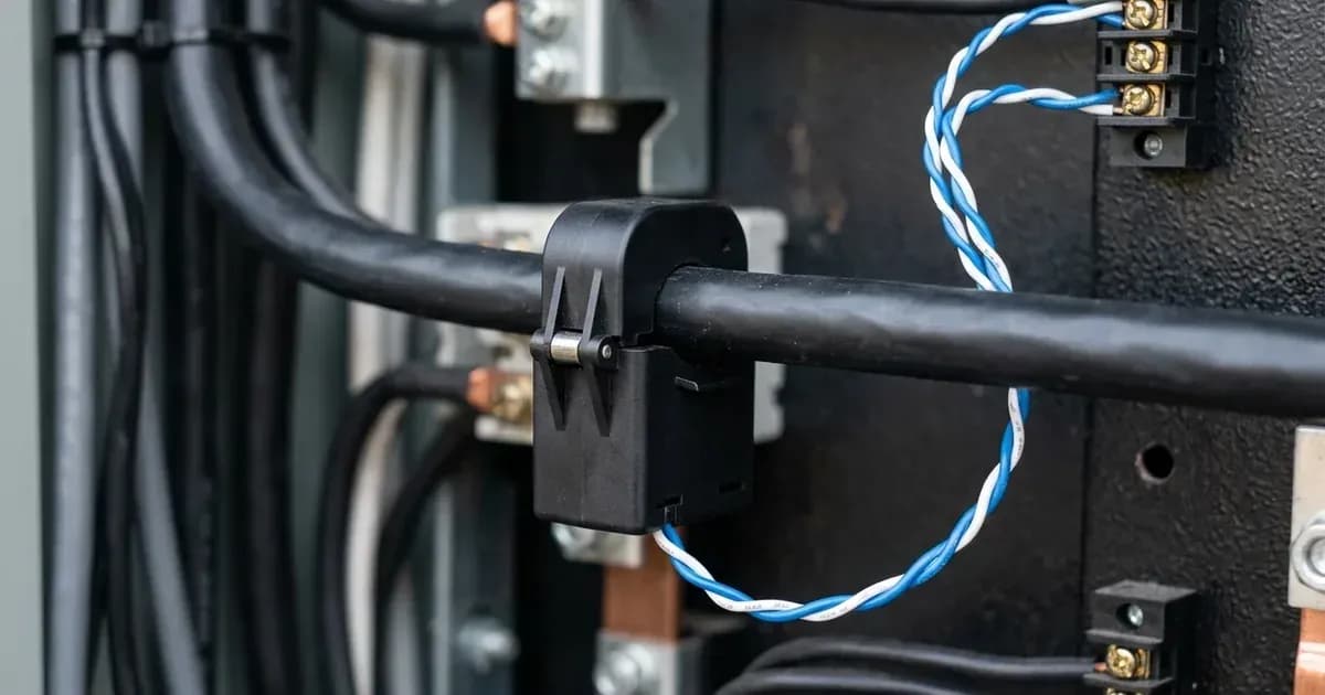 Current transformer clamp sensor and RS485 telemetry wiring installed inside a solar switchgear enclosure. — SolarNevs spec card