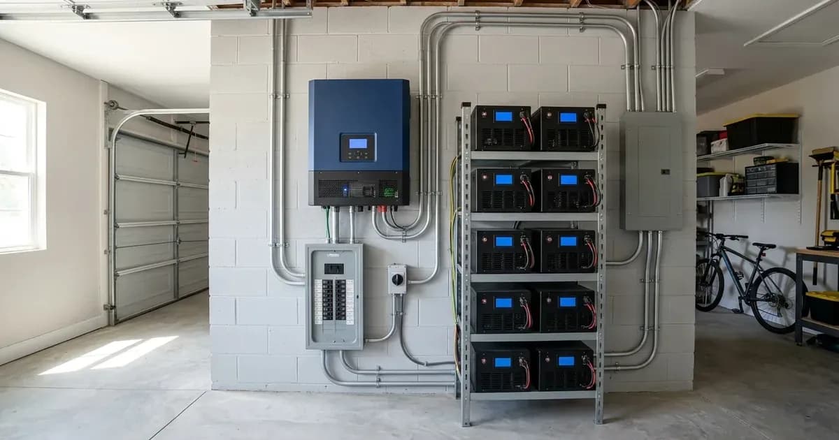 Residential energy storage system with wall-mounted inverter-charger, lithium battery bank, and AC panel. — SolarNevs spec card