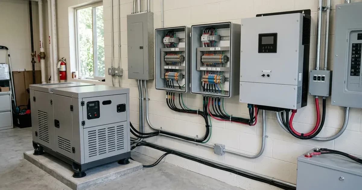 Backup generator control wiring and start-stop relay terminals connected to an inverter in a utility room. — SolarNevs spec card