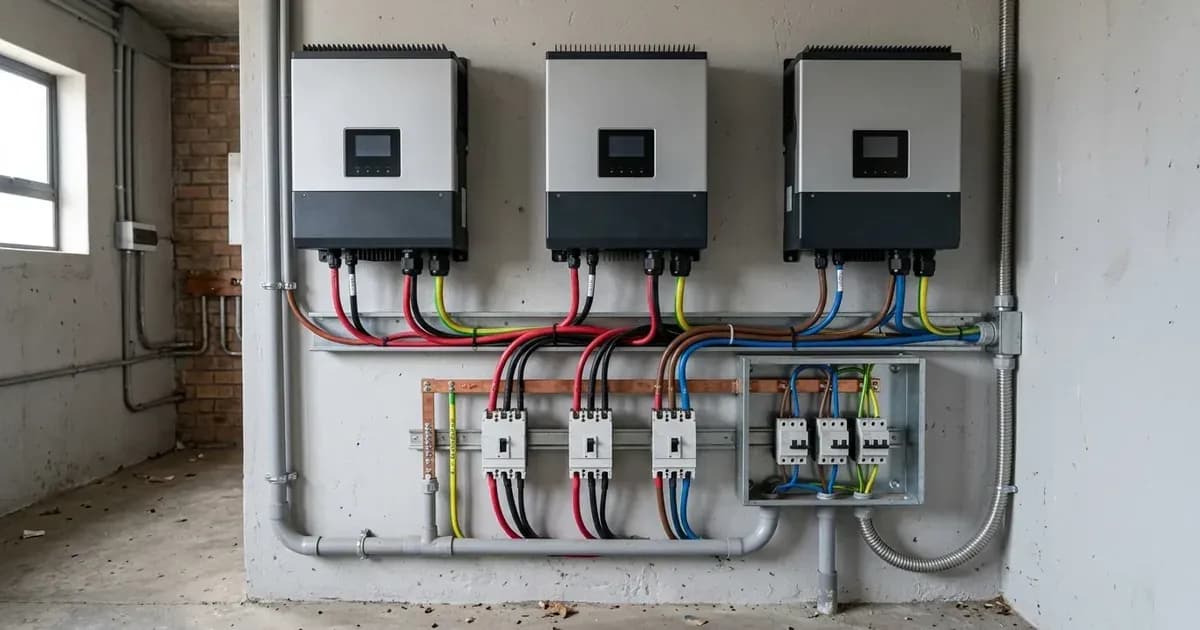 Three wall-mounted hybrid inverters wired in parallel with DC busbars and circuit breakers in an electrical room. — SolarNevs spec card