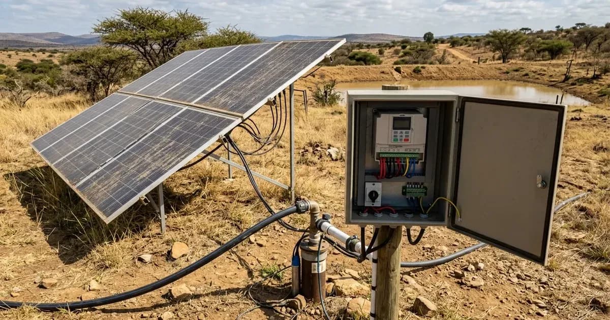 Solar-powered borehole pump system and VFD controller enclosure on a farm in rural South Africa. — SolarNevs spec card
