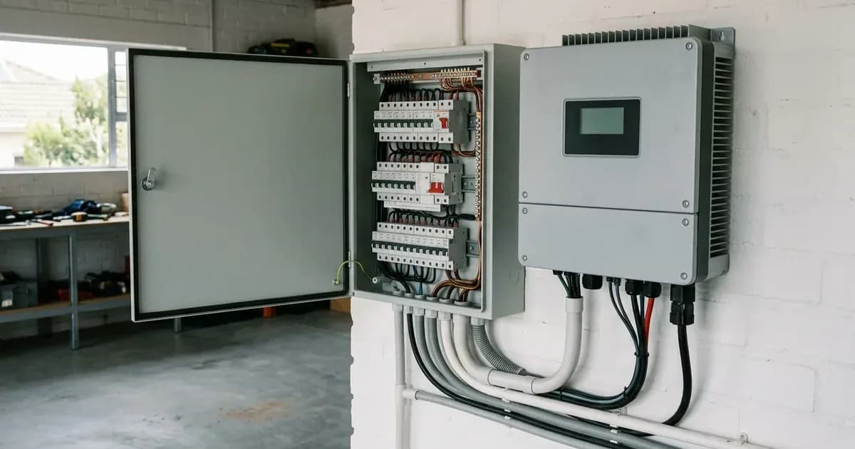 Wall-mounted grid-tied solar inverter installed beside a residential electrical distribution board. — SolarNevs spec card