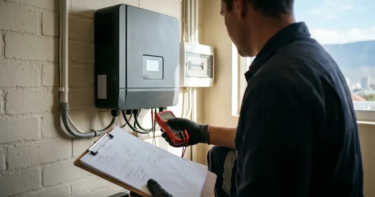 Electrician inspecting a wall-mounted solar inverter installation and electrical switchgear. — SolarNevs spec card